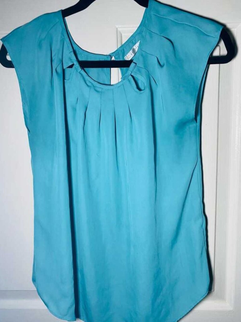 Women Turquoise Round Neck Pleated Blouse